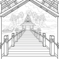 Black and white line art of a tropical pier with a wooden hut, palm trees, island, and boat. Ideal for coloring books, activity sheets, or printable summer vacation-themed artwork.