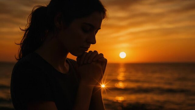 Contemplative woman praying at sunset by the ocean