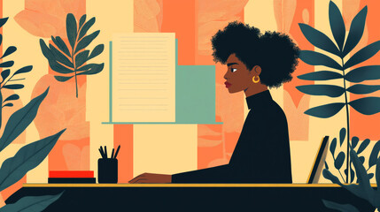 Working woman at desk surrounded by plants in creative workspace