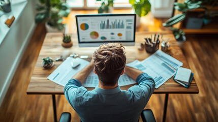 Analyzing business data home office digital report indoor aerial view