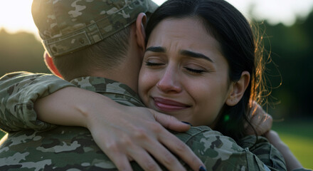 Soldier reunion heartwarming embrace. Woman crying joyful tears hugging returning soldier in camouflage uniform. Emotional homecoming scene perfect for military support organizations.