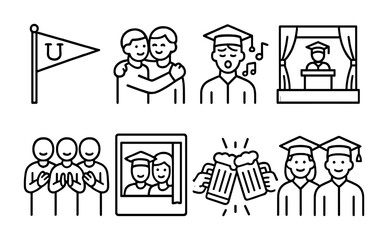 Graduation outline icons set – linear, silhouette, celebration and student symbols