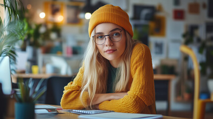 Studying young woman cozy workspace portrait indoor casual style