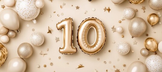 Golden Number 10 Balloon With Festive Balloons And Confetti For 10th Birthday Celebration
