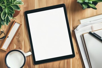 Flawless Picture of Tablet Pc with White Blank Screen at Desk