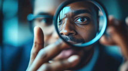 Magnifying glass insight analyzing office photo details in close-up