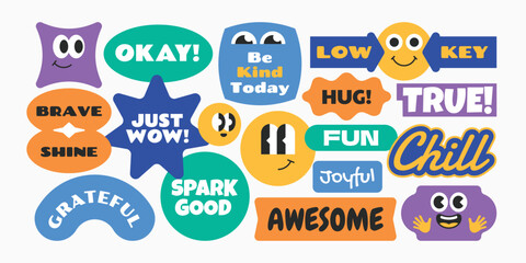 Groovy abstract funny stickers, patch, badges. Colorful quotes word gen z and millenials Y2k style art.