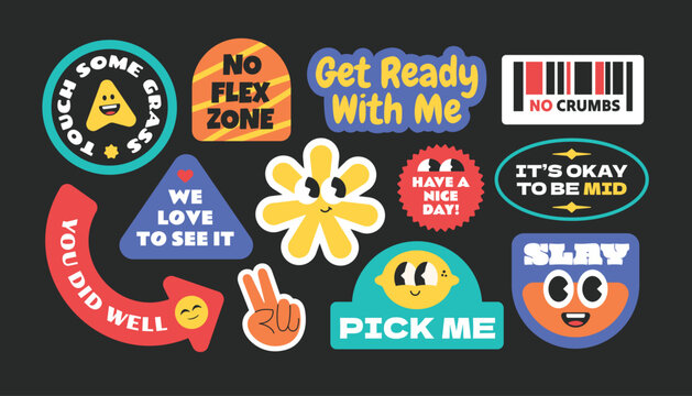 Groovy abstract funny stickers, patch, badges. Colorful quotes word gen z and millenials Y2k style art.