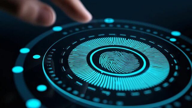 Futuristic digital fingerprint scanner interface with glowing blue elements, representing biometric security, technology innovation, digital identification, authentication, and modern cyber security - Powered by Adobe