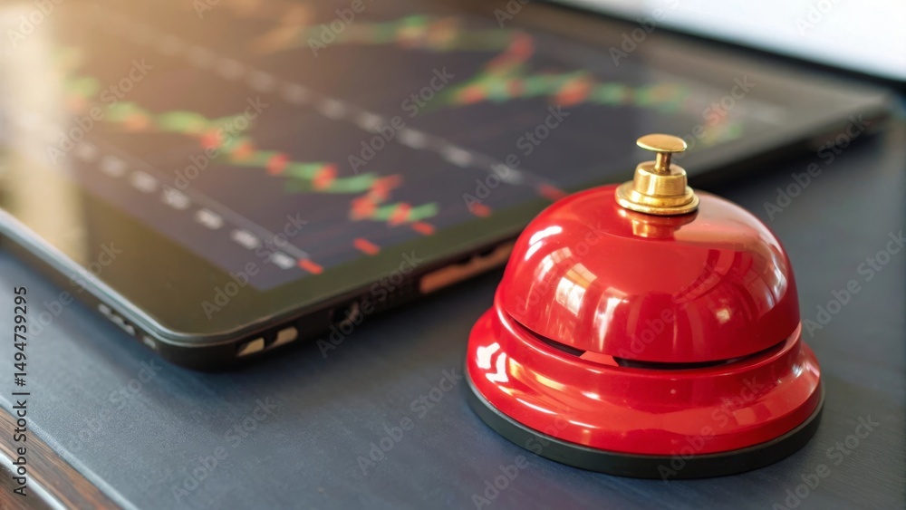 Poster red bell on desk next to tablet displaying financial charts and data analysis.