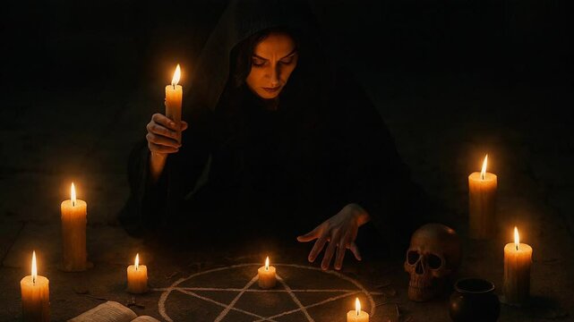 Mysterious ritual with candles and pentagram by hooded woman in dark room
