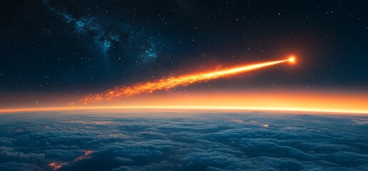 Spectacular meteor shower above the earth atmosphere during cosmic event