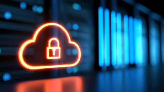 Cloud security data protection with glowing lock icon, secure server room, blue neon technology background, digital network privacy, futuristic encryption, and online information safety