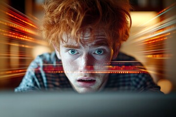 Statistics are projected onto his face. Tech geek coding. Critical hacker attack on financial system. A terribly scared caucasian young man with red hair, , staring at the display of a ultrabook.