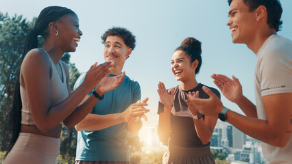 Happy people, fitness and applause in huddle for workout goals, winning or teamwork in nature. Active, group or friends clapping with smile for achievement, exercise or health and wellness together
