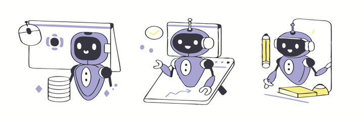 Artificial intelligence technology in business set. AI robot assistant analyzing data, business tasks, seo. Automation tools concept