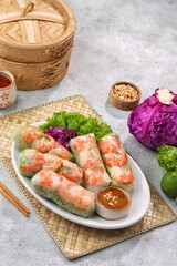 Gỏi cuốn, Vietnamese spring rolls, summer spring rolls, or salad spring rolls, a traditional dish in Vietnamese cuisine consisting of chicken, shrimp, vegetables, bún, and other ingredients wrapped in