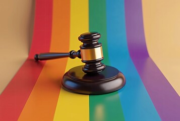 Judge's Gavel Resting on Rainbow LGBTQ+ Flag, Symbolizing Legal Justice and Equality for the LGBTQ+ Community  
