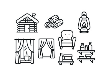 Cozy cabin outline icons set – rustic, home, holiday decoration symbols