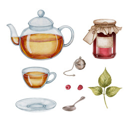 Tea in a teapot and cup, with raspberry jam jar, tea strainer and green leaves. Watercolor drawing illustration. Great for packaging, tea shop branding, kitchen decor, and recipe cards.