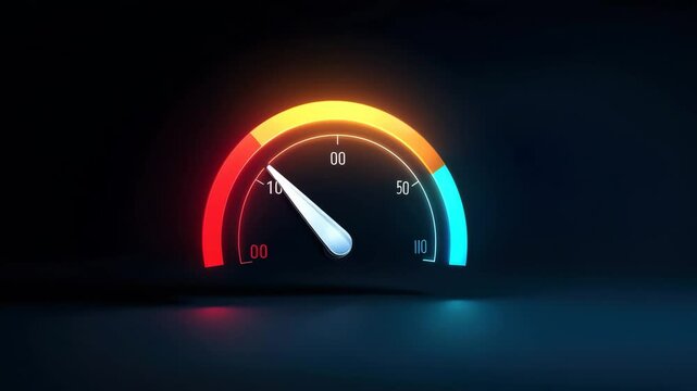 Speedometer gauge with colorful gradient scale and glowing needle pointing to low speed, modern digital style indicator for slow performance measurement, dynamic meter with red, orange, and blue