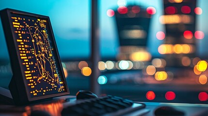 Close-up of air traffic control radar screen with glowing flight paths and aircraft symbols. Aviation safety, airspace monitoring and flight tracking technology concepts.