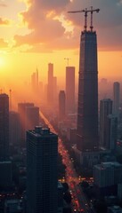 Fototapeta premium Golden hour bathes cranes and skyscrapers under construction in a sweeping vista , panorama, building