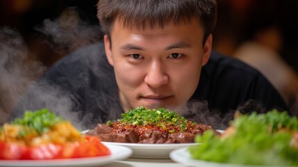 Young Man Focusing on Steaming Sichuan Hot Pot Surrounded by Fresh Ingredients in a Vibrant Dining Atmosphere
