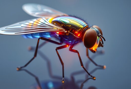 Luminous cybernetic fly with glowing orange eyes and iridescent colors, reflected on a sleek surface, ideal for illustrating futuristic AI, bio-robotics, or advanced tech surveillance concepts