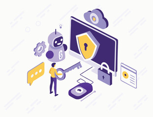 
Character use artificial intelligence tools to detect cyberthreats and for data security, protection, privacy. Cybersecurity in cloud computing conc