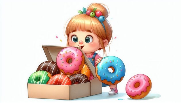 Delightful girl enjoying colorful donuts kitchen illustration bright cheerful fun concept