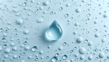 A large water  drop is centered on a surface dotted with numerous smaller water  droplets in a light blue setting. 