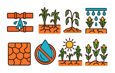 Drought and irrigation flat icons set – water conservation, agriculture symbols