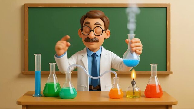 Teacher demonstrates chemical experiment at school. 3D Cartoon style AI generative
