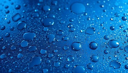 Numerous blue  hued water droplets scattered across a shiny surface, creating a vivid and fresh scene. 