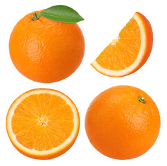 Orange fruit with leaves half and slices isolated, transparent PNG, PNG format, This is a photo taken by a camera, not an AI-generated image, cut out