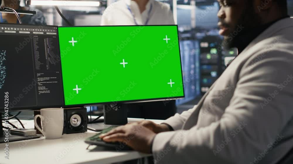 Poster data center admin using isolated screen pc to monitor neural network ai. server room employee using 