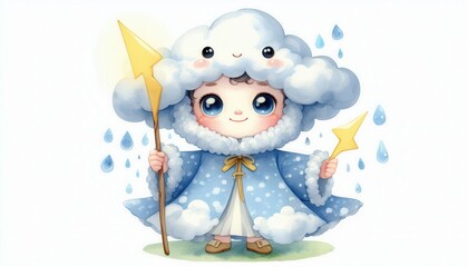 Playful cloud character with lightning staff fantasy art whimsical colorful digital illustration