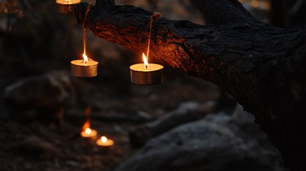 Enchanting Candles Glow on a Dark Tree Branch at Night, Creating a Magical Atmosphere.