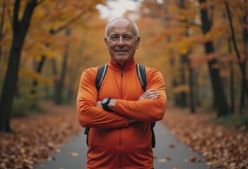 Obraz premium Senior man in an orange jacket standing confidently in a fall forest