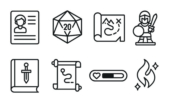 Fototapeta Rpg gaming line icons set – outline, fantasy, tabletop role-playing game symbols