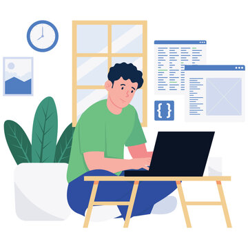 Remote Work Illustration. Vector illustration of A man working on a laptop at home with programming code displayed on the screen. Isolated on background