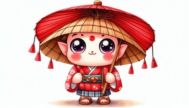 Cute cartoon character with a red umbrella japanese inspired digital art colorful background whimsical concept