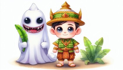 Fototapeta premium Playful ghost encounter with a young boy in traditional attire fantasy setting colorful artwork