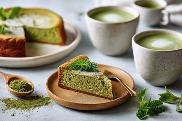 Slice of Matcha Cheesecake with Matcha Latte and Mint Garnish