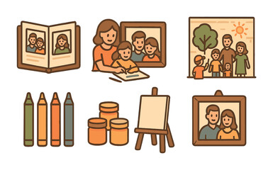 Family and childhood silhouette icons set – flat, outline, memorable moments collection