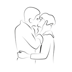 Kissing couple illustration vector hand drawn with black lines isolated on white background.