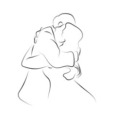 bride and groom hugging on their wedding illustration vector hand drawn with black lines isolated on white background.