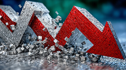 Red declining arrow graph made of blocks crumbling, symbolizing financial crisis or business failure.