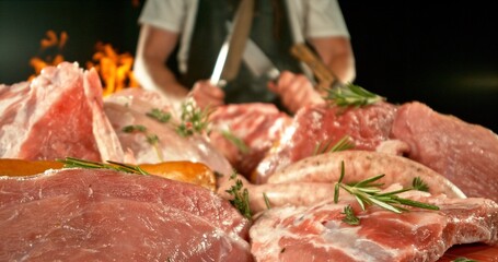 Fresh butcher cut meat assortment. Raw Various Kinds of Meat Served on a Table. Preparation of...